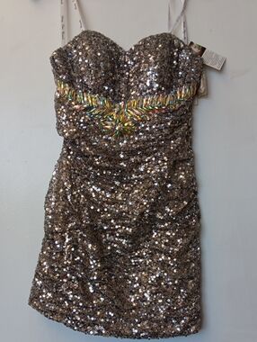Party Time Strapless Sequin Sheath Silver Dress with Iridescent Bead Trim - Gold